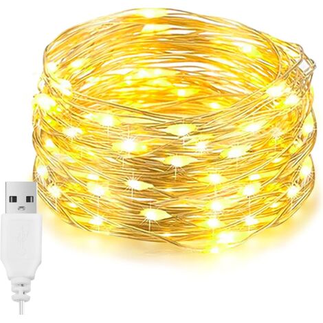 LED-Leuchten, 100 LEDs, 10 m, USB-Lichterkette, wasserdicht, Lichterkette aus silbernem Draht, dekorative Beleuchtung für Schlafzimmer für Weihnachten, Gartenparty, Hochzeit im Freien (Warmweiß) [Ener