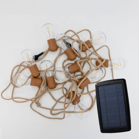 LED Lichterkette Solar 10x LED E27 IP44 5m lang Juteseil 2700 K warmweißes Licht Außenlichterkette