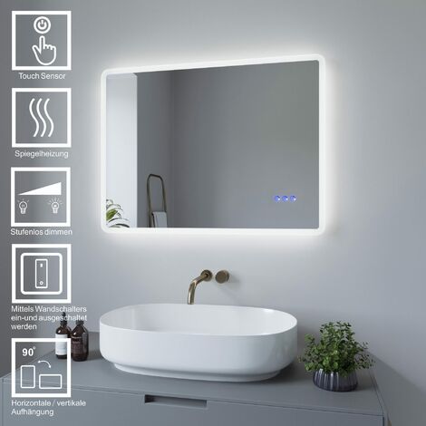 LED Lichtspiegel Badezimmerspiegel mit Beleuchtung Bad Spiegel 80x60 cm 2 Lichtfarbe Touch Beschlagfrei Dimmbar Wandspiegel abgerundete Ecken
