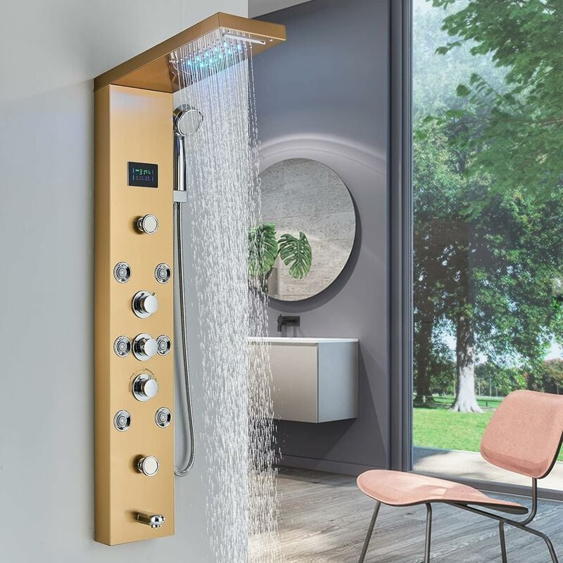 Led Light Shower Panel Waterfall Rain Shower Faucet Set spa Massage Jet Bath Shower Column Shower Mixer Tap Tower,Gold