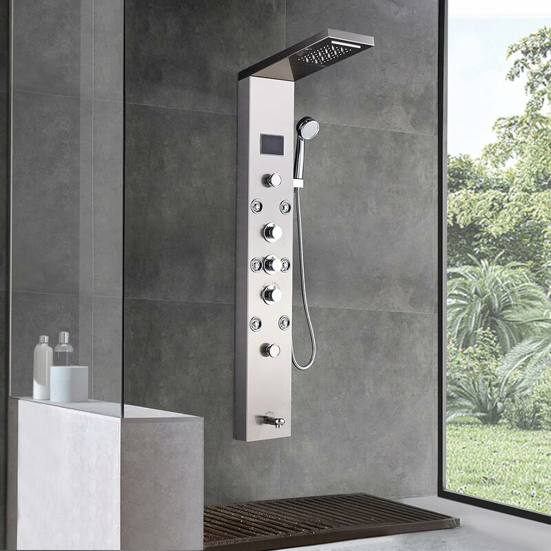 Ouyifan - led Light Shower Panel Waterfall Rain Shower Faucet Set spa Massage Jet Bath Shower Column Shower Mixer Tap Tower,brushed nickle
