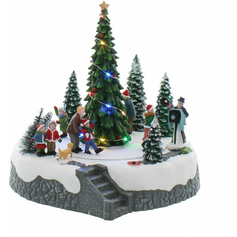 LED Lit Animated Musical Snowy Christmas Tree Photograph Taking Family Scene