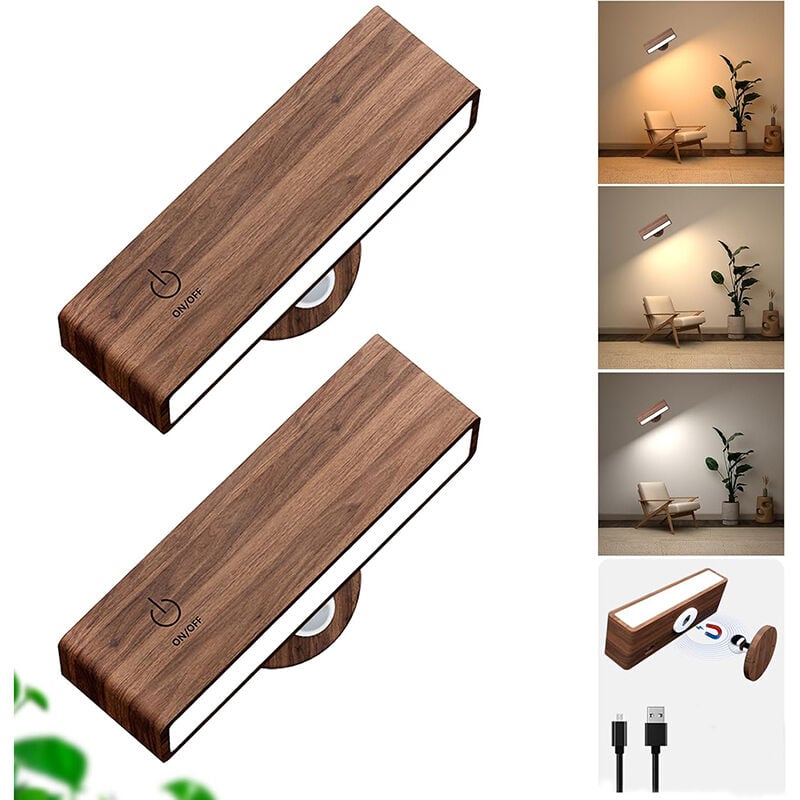 LED Lot de 2 Lampe Murale Sans Fil Rechargeable USB,Applique Murale Intérieure Bois,Réglage de La Luminosité Applique Murale Sans Fil Chambre,Lampe