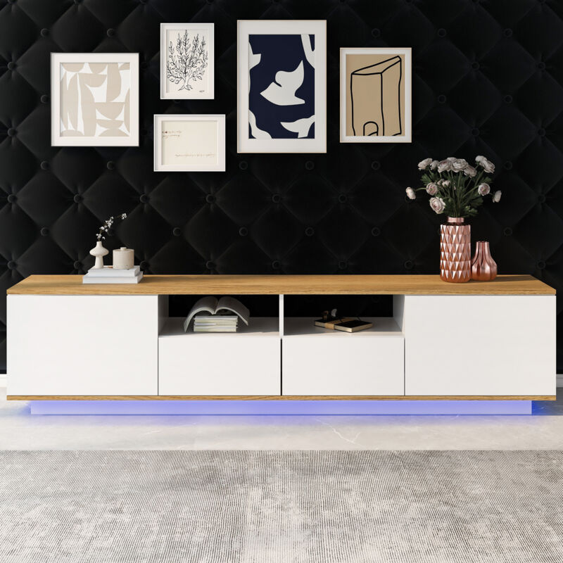 Led lowboard, meuble tv en bois, table tv industrielle, meuble tv moderne meuble tv 80 pouces, blanc + couleur chêne