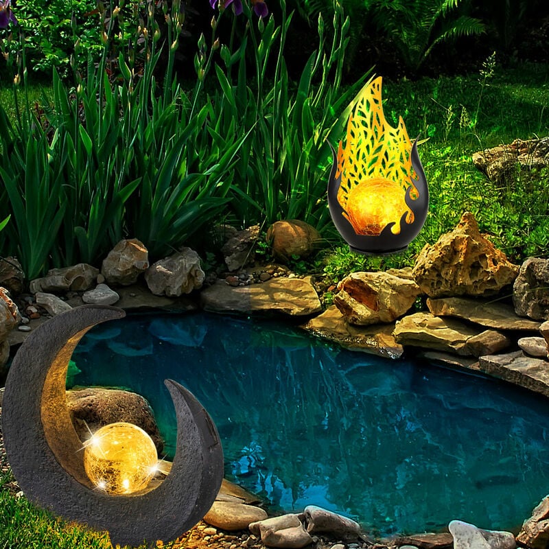 Image of Led luce solare fiamma luce esterna giardino lampada solare luna lampada da giardino, batteria IP44, palla di vetro crackle nera, set di 2