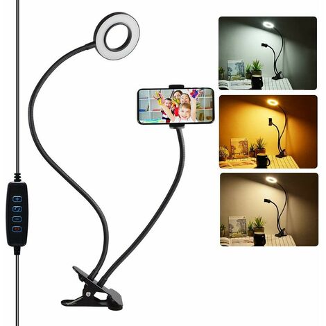LED Lumière Anneau, Selfie Ring Light avec Support de Télephone, 3 Modes d'éclairage/10 Niveaux de Luminosité, Lampe de Bureau Pince，Ternel