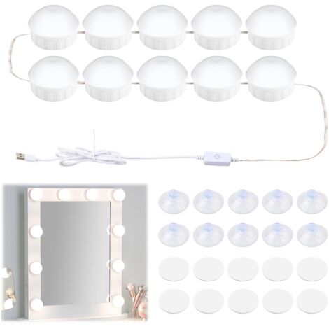 LED Lumières de Maquillage, 10 Ampoules Hollywood Kit de Lumière, Lampe Coiffeuse USB avec Interrupteur et Câble, Lumière de Miroir pour Coiffeuse Maquillage miroir de salle de bain