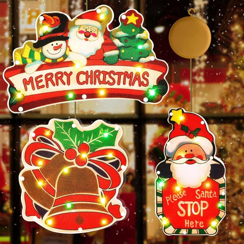 Led Lumières de Ventouse de Noël 3PCS, Noël Lustre à Ventouse de Fenêtre, led Lampe Ventouse Père Noël, Lumières Décoration Fenêtre Intérieur, led