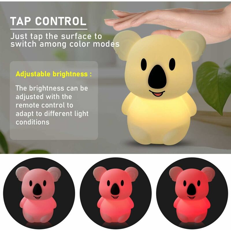 

LED - Luz nocturna de silicona recargable por USB, 2 modos diferentes y 8 colores variables, con control remoto y táctil (Koala)