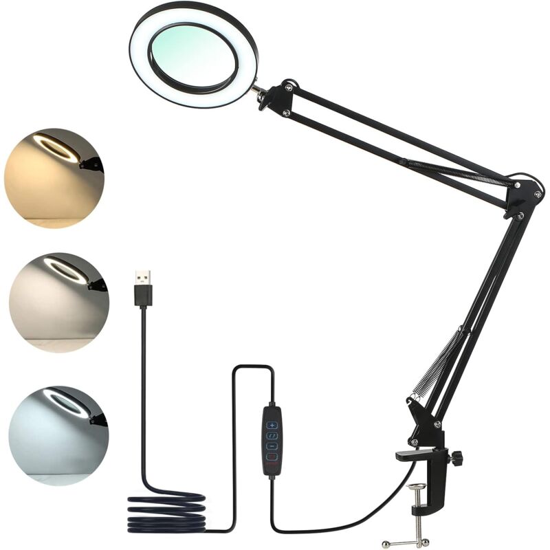 Tinor - led magnifying lamp with clip, 3 color desk lamp with 10 levels adjustable brightness, 5x for printing suitable for home and office for