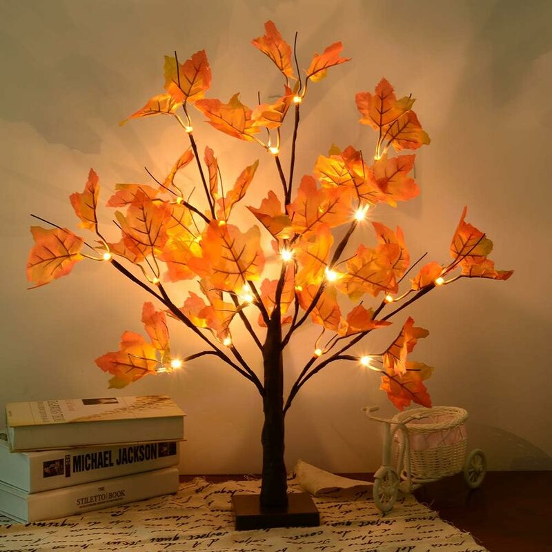 Led Maple Leaf Tree Light, 50Cm 24 Leds Battery Operated Desk Maple Leaves (Fall) Warm White Tree Light, Fall Decoration Leaves String Lights,