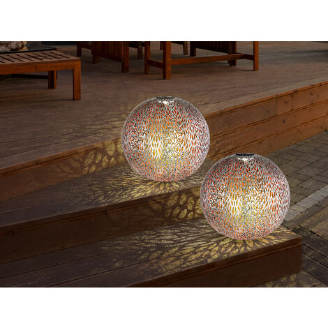 LED Metall Solarkugeln 2er Set Ø 27cm mit Erdspieß, Silber Antik