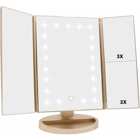 LED Miroir de Maquillage, Miroir de Bureau Lumineux à LED de Magnification 1X / 2X / 3X Batterie et Charge USB Rotation de 180 Degrés Libre Réglable (Or)