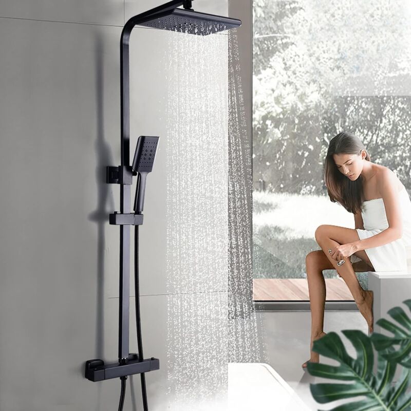 Senderpick - Système de douche avec thermostat Ensemble de douche Pomme de pluie carrée Douche à main Panneau de douche en acier inoxydable Garniture