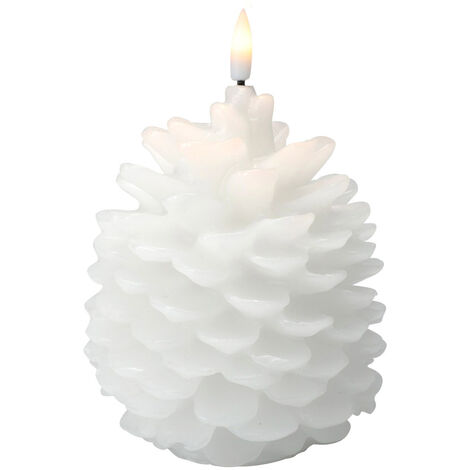 LED Motiv Wachskerze weiß 16 cm - Tannenzapfen - Weihnachtskerze Batterie betrieben mit Timer - Weihnachtsdeko Motivkerze Kieferzapfen Dekokerze feuerlos mit Flackereffekt