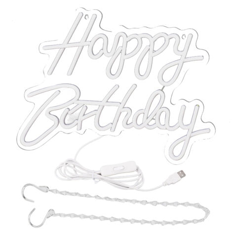 LED-Neon-Leuchtschild „Happy Birthday“ aus Acryl – Romantische Dekoration für Partys, Bars oder Zuhause – Einfache Installation mit Schnur (40 x 31 cm, USB, Kaltweiß)