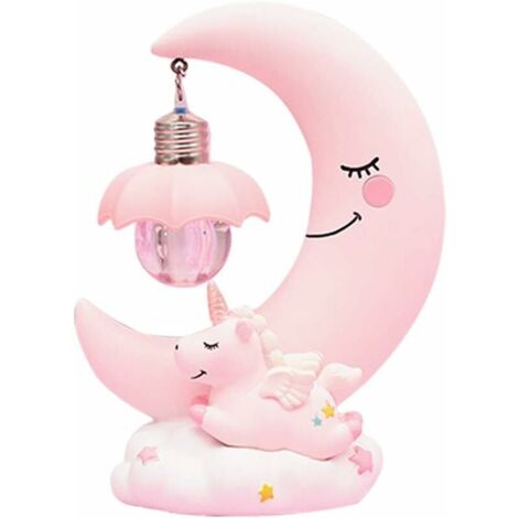 LED Night Light Kids Resin Moon Unicorn Cartoon Baby Nursery Lamp Breathe for Kids Child Girls Toy Gift for Nursery - Pink