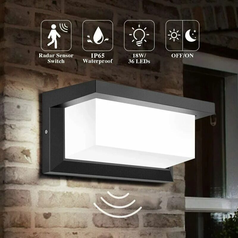 Boed - Led Outdoor Wall Light with Motion Sensor, 18W Outdoor Lighting IP65 Waterproof Square Radar Induction Control Light for Patio Balcony Garage