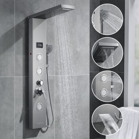 AURALUM LED Pannello Doccia Idromassaggio Quadrato, 5 Funzioni Colonna Doccia in acciaio inox spazzolato, Doccia a cascata, 3 Jets de massaggio, Doccetta con 5 modalità d'acqua