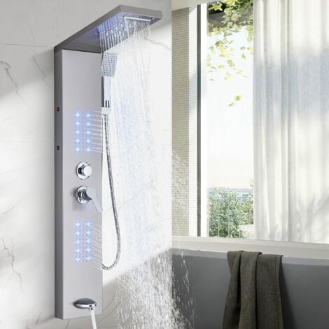 SUGUWORD LED Colonna Doccia Idromassaggio Miscelatore per Vasca con 5 Funzioni Pannello Doccia Set in 304 Acciaio Inox Sistema Set Doccia con Soffione Fisso,Massaggi,Doccetta e Bocca Vasca,Nerax