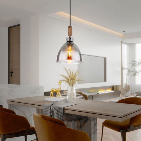 GLOBO LED Pendellampe schwarz Hängeleuchte modern Esszimmerlampe, Pendelleuchte Esstisch Holzoptik Rauch Glas, Metall matt, 1x E27 Filament LED warmweiß, DxH 20x120 cm