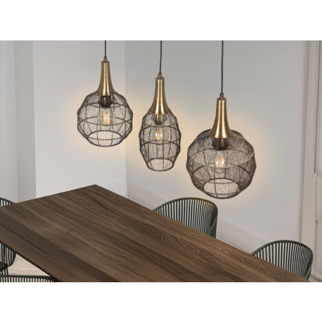 LED Pendelleuchte 3-flammig mit Drahtgeflecht Altmessing, Breite 86cm
