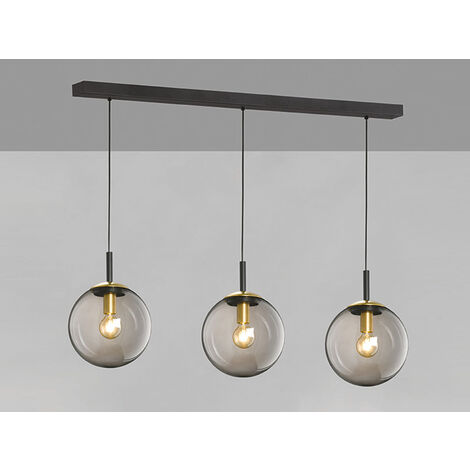 LED Pendelleuchte 3-flammig Rauchglas Schwarz mit Messing, Breite 115cm