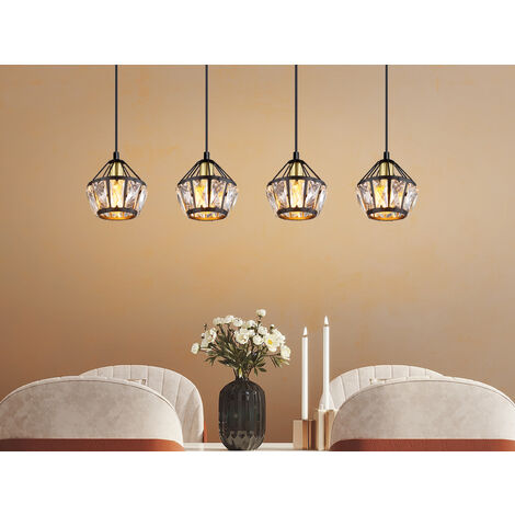 LED Pendelleuchte 4-flammig Metall Schwarz Gold mit Glaskristallen, Breite 73cm