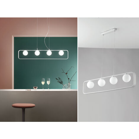LED Pendelleuchte 4 flammig Metall Weiß & Opal Glaskugeln, Breite 100cm