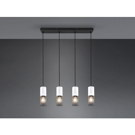 LED Pendelleuchte 4-flammig mit Holz Weiß und Drahtgeflecht, Breite 65cm