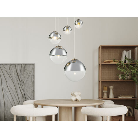 LED Pendelleuchte 5-flammig, Glaskugeln Chrom & Klarglas, Ø 65cm