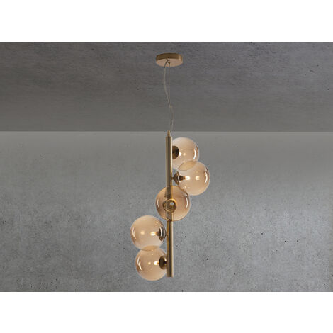 LED Pendelleuchte 5-flammig in Messing mit Amber Glaskugeln lang, Höhe 183cm
