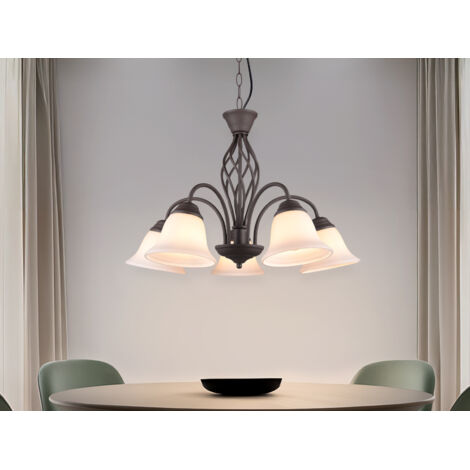 LED Pendelleuchte 5-flammig in Rostoptik mit Glasschirmen, Ø 60cm