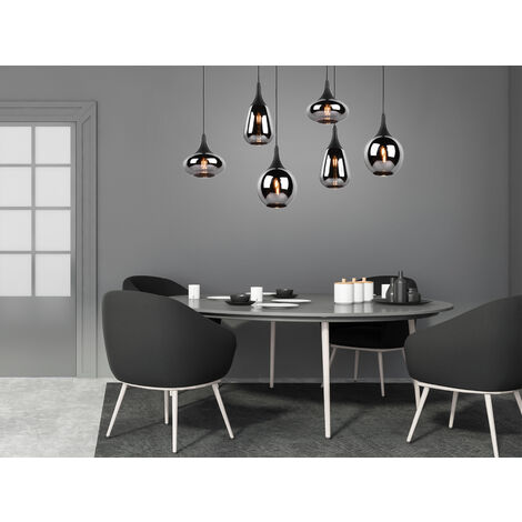 LED Pendelleuchte 6 flammig Glas Chrom verspiegelt & Rauchglas Optik, B: 93cm