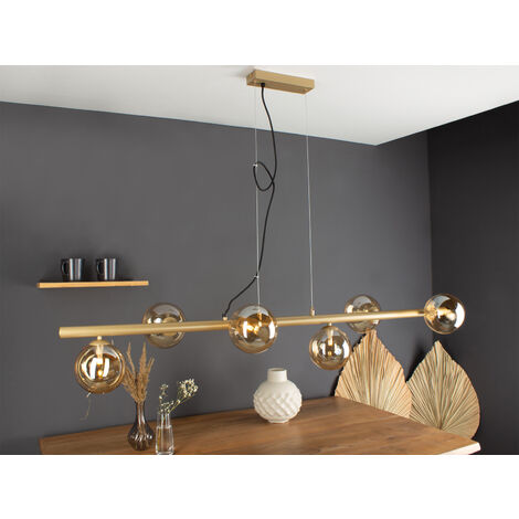 LED Pendelleuchte 6 flammig Messing & Amberglas, Breite 144cm
