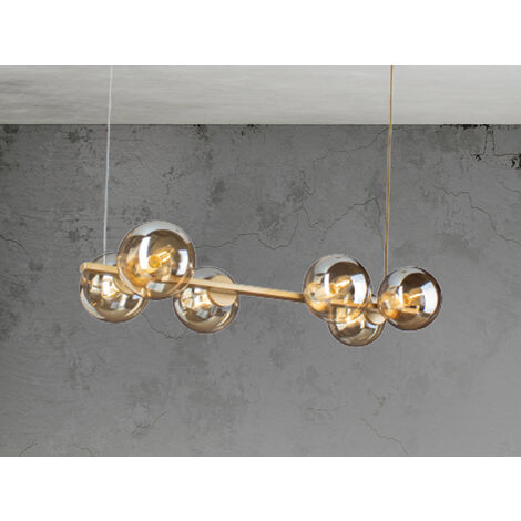 LED Pendelleuchte 6-flammig Messing & Amberglas Kugeln, Breite 80cm