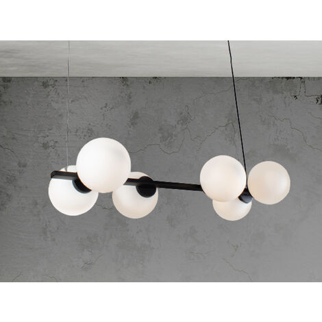 LED Pendelleuchte 6 flammig Schwarz & Opalglas Kugeln Weiß, Breite 80cm