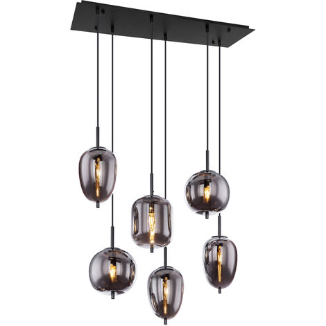 LED Pendelleuchte 6 Kugeln Rauchglas Metall Schwarz, Breite 80cm