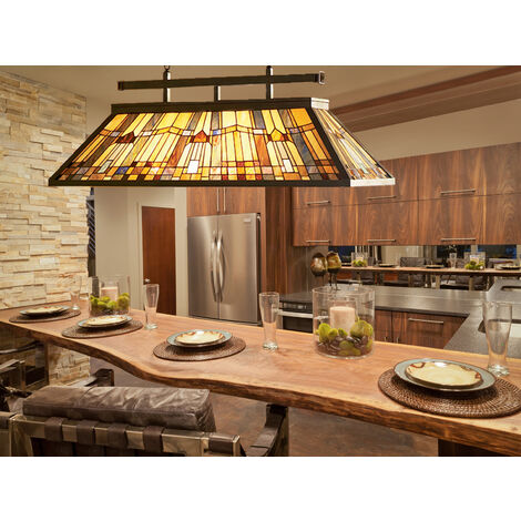 LED Pendelleuchte im Tiffany Design mit buntem Echtglas, Breite 121cm