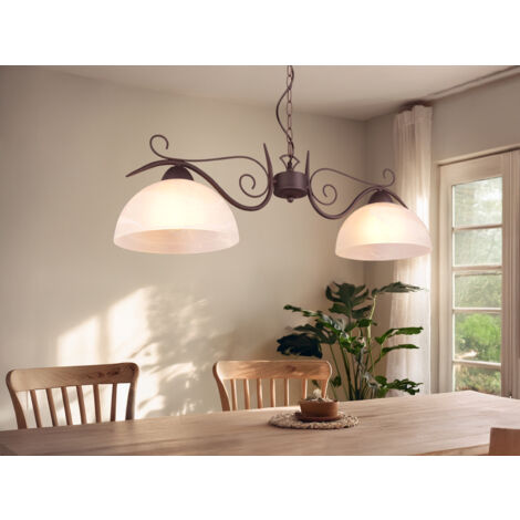 LED Pendelleuchte Landhausstil 2-flammig mit Glasschirmen Weiß, B: 82cm