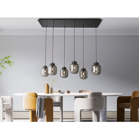 LED Pendelleuchte mehrflammig mit 6 Rauchglas Glaskugeln, Breite 115cm