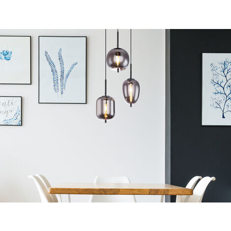LED Pendelleuchte Metall Schwarz mit 3 Rauchglaskugeln, Ø 46cm