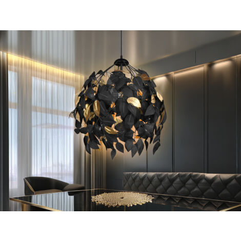 LED Pendelleuchte mit Blätter Lampenschirm Schwarz Gold, Ø 38cm