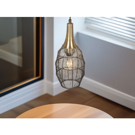 LED Pendelleuchte mit Drahtgeflecht Lampenschirm Oval Altmessing, Ø 26cm