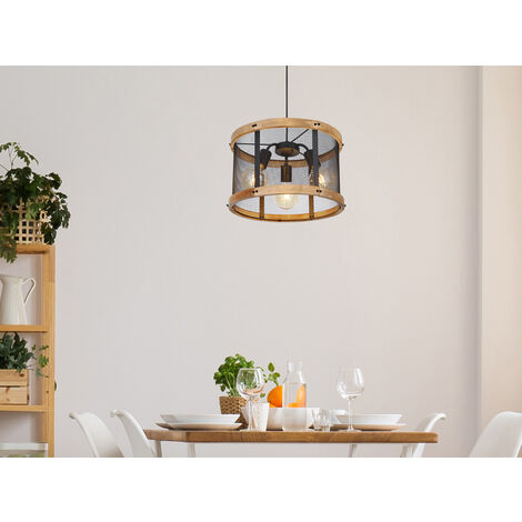 LED Pendelleuchte mit Holz & Gitter 3-flammig Schwarz, Ø 40cm