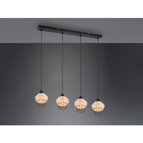 LED Pendelleuchte Rattan Geflecht Natur & Gitter im Boho Stil, Breite 95cm