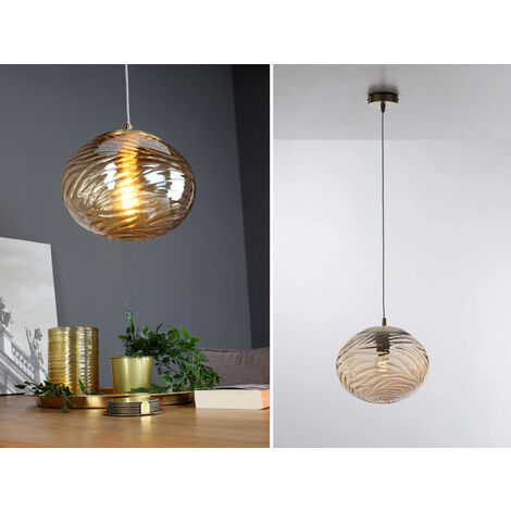 LED Pendelleuchte Wellenmuster Rauchglas Kugel Champagner, Ø 30cm