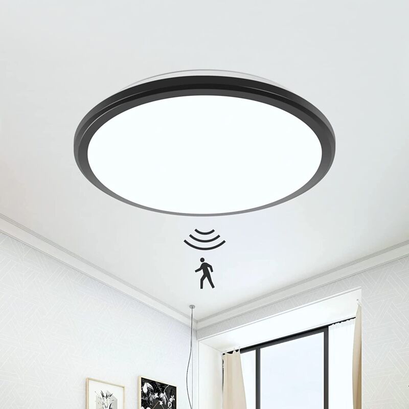 LED Plafonnier, Rond 24W Lampe de Plafond Moderne, Noir Plafonnier Detecteur de Mouvement, Imperméable IP54, Antipoussière, Lampe LED Interieur for