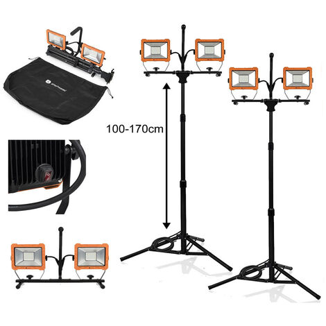 LED Profi Baustrahler 2er Set mit Stativ, höhenverstellbar IP65, 2x 30 Watt