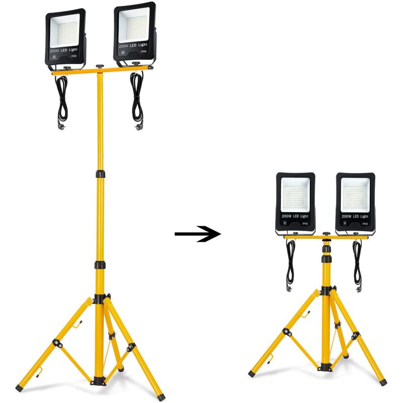 Projecteur de chantier à LED 200W2 16000LM LED Floodlight avec trépied et câble 3M pour l'intérieur et l'extérieur (2 200W blanc froid + trépied)